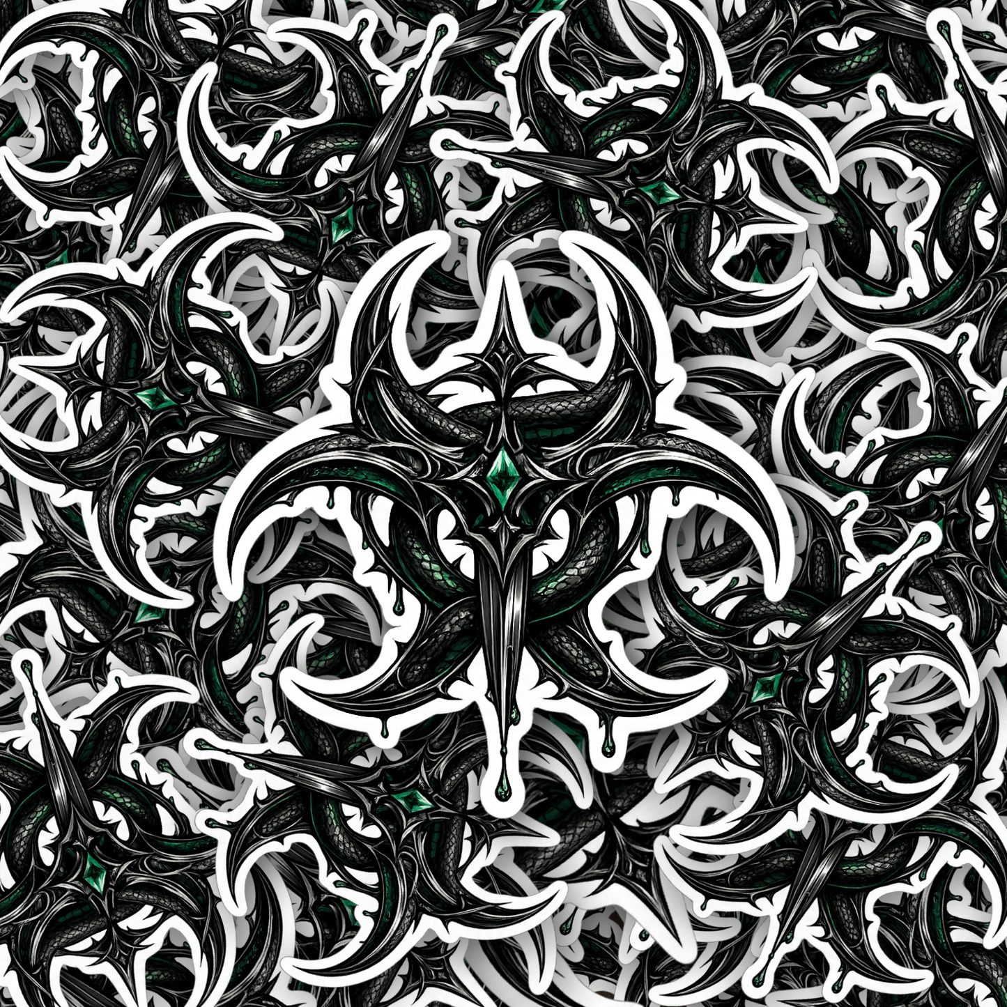 Dark gothic dagger emblem sticker with snake and venom details, high contrast black and green design on white background