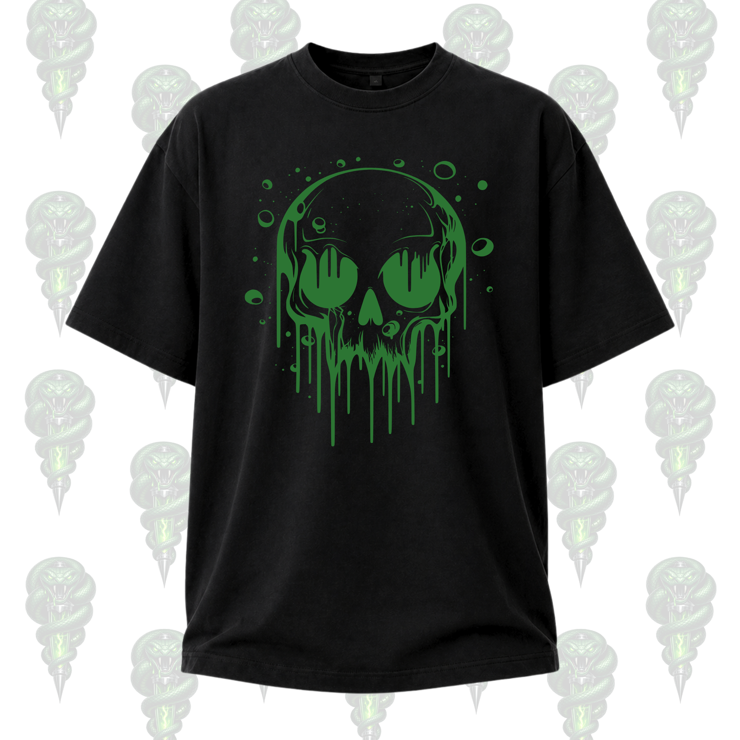 Black t-shirt with green skull design on a white background with skull patterns.