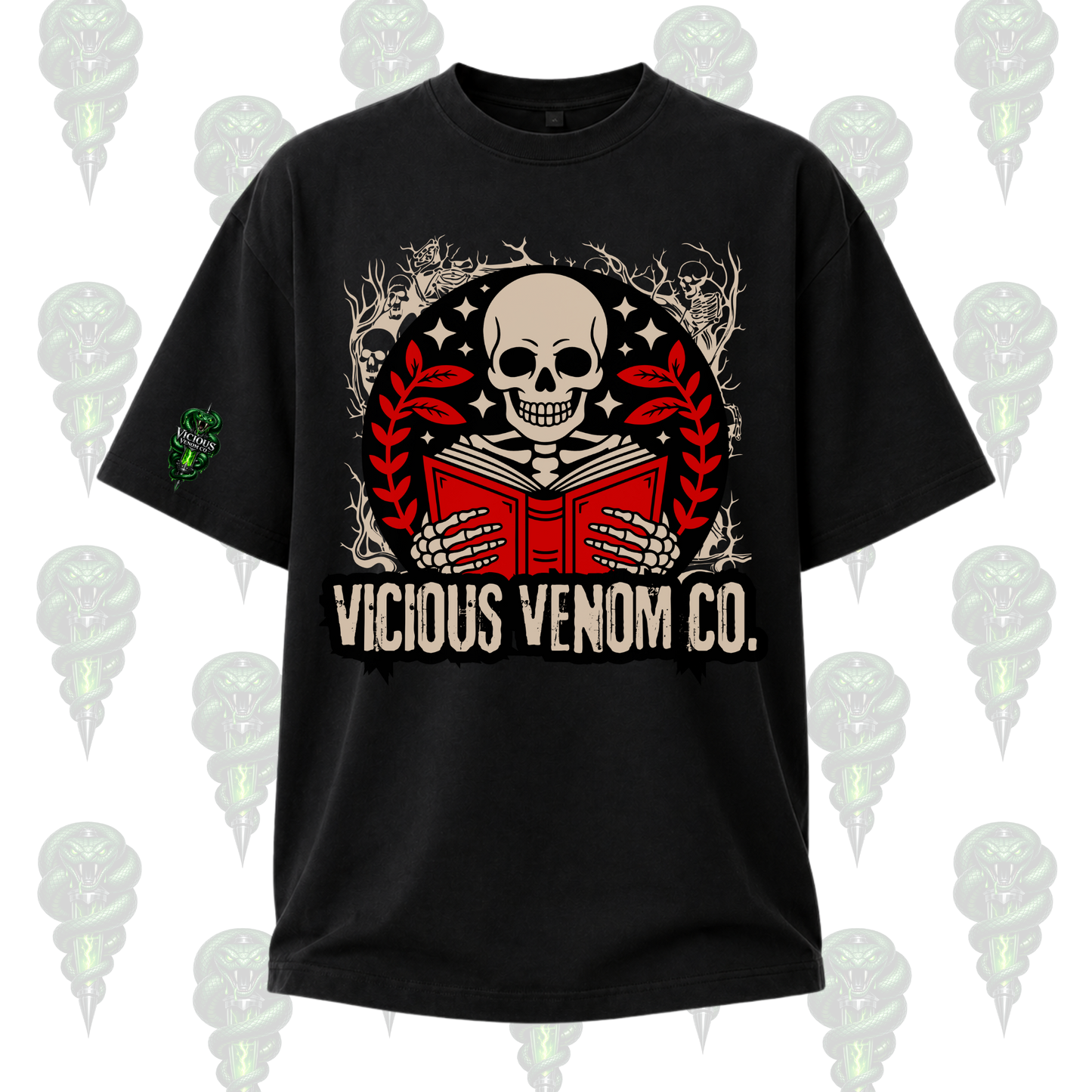 black gothic t-shirt with skeleton reading red book, dark academia aesthetic, vicious venom co skull reader graphic tee unisex