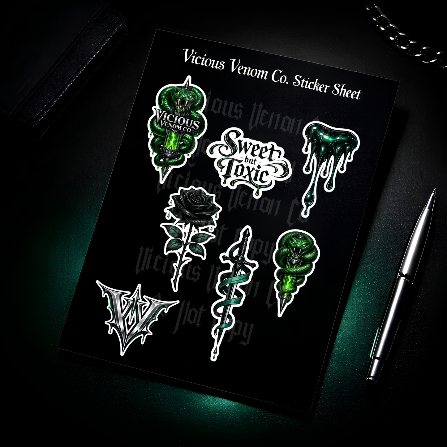 Gothic venom themed sticker sheet featuring green snake designs, black rose, dagger, and “sweet but toxic” lettering on white background