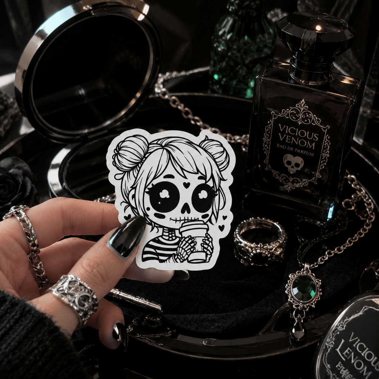 Goth Skeleton Girl Coffee Vinyl Sticker