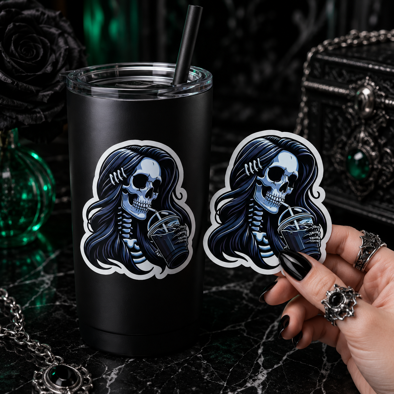 Goth Skeleton Coffee Girl Vinyl Sticker