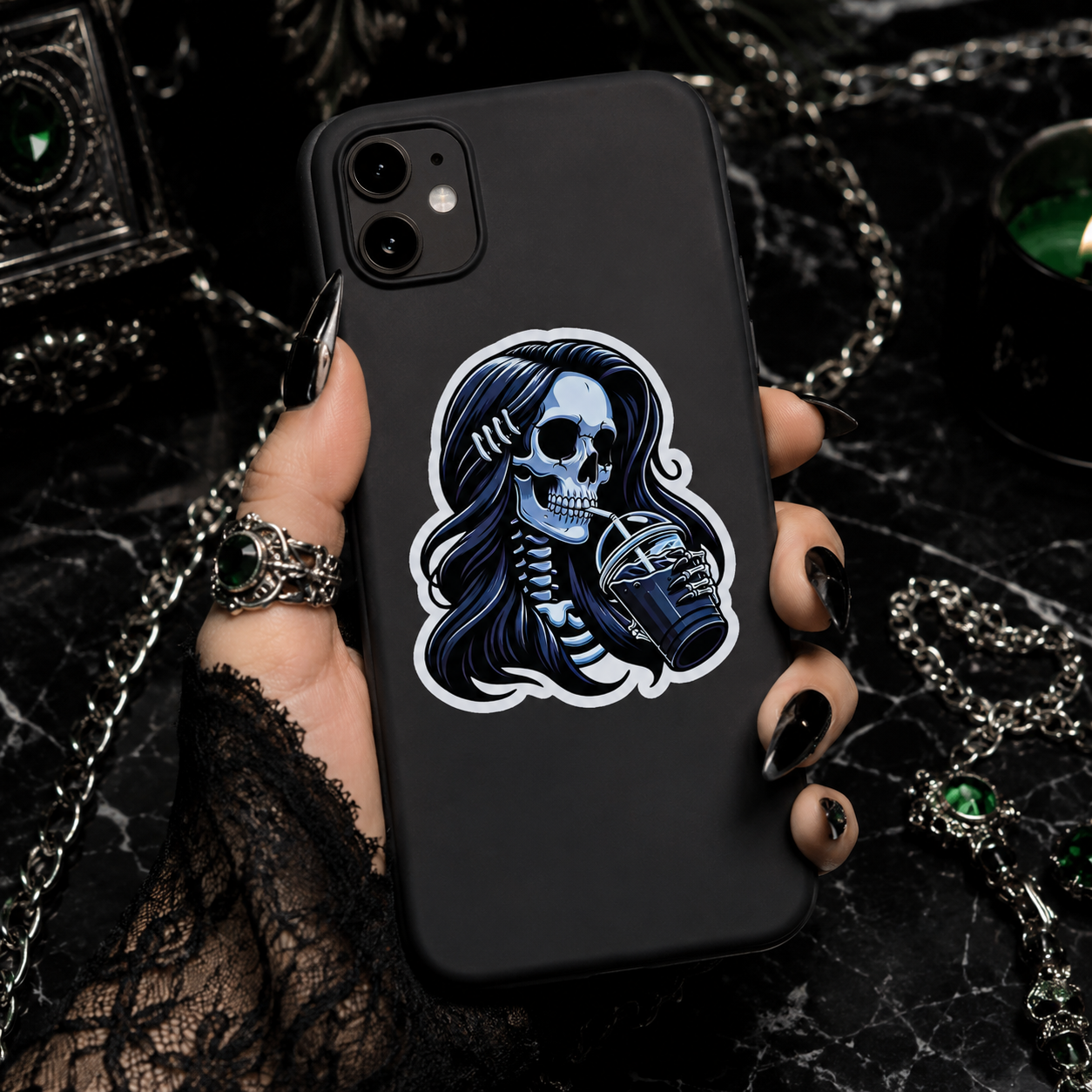 Goth Skeleton Coffee Girl Vinyl Sticker