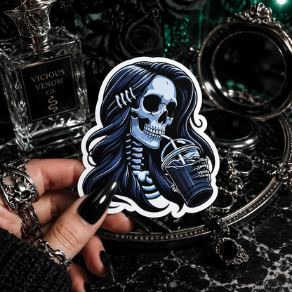Goth Skeleton Coffee Girl Vinyl Sticker
