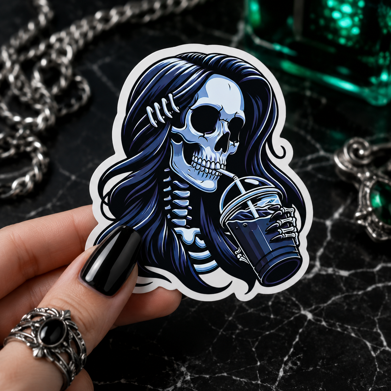 Goth Skeleton Coffee Girl Vinyl Sticker