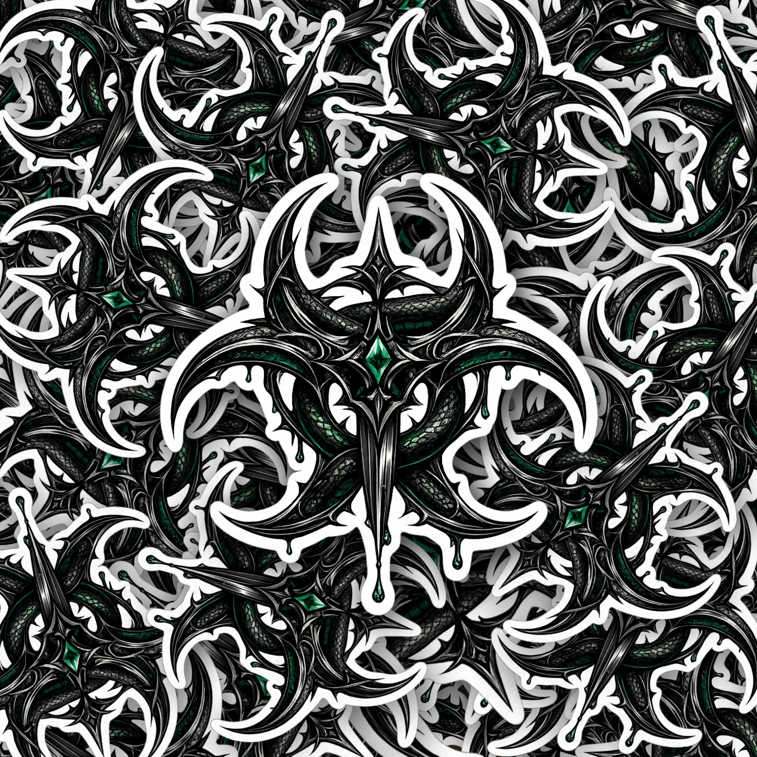 Dark gothic dagger emblem sticker with snake and venom details, high contrast black and green design on white background