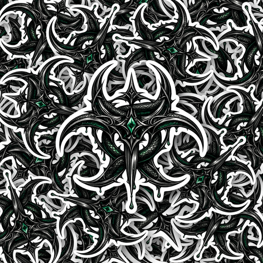 Dark gothic dagger emblem sticker with snake and venom details, high contrast black and green design on white background