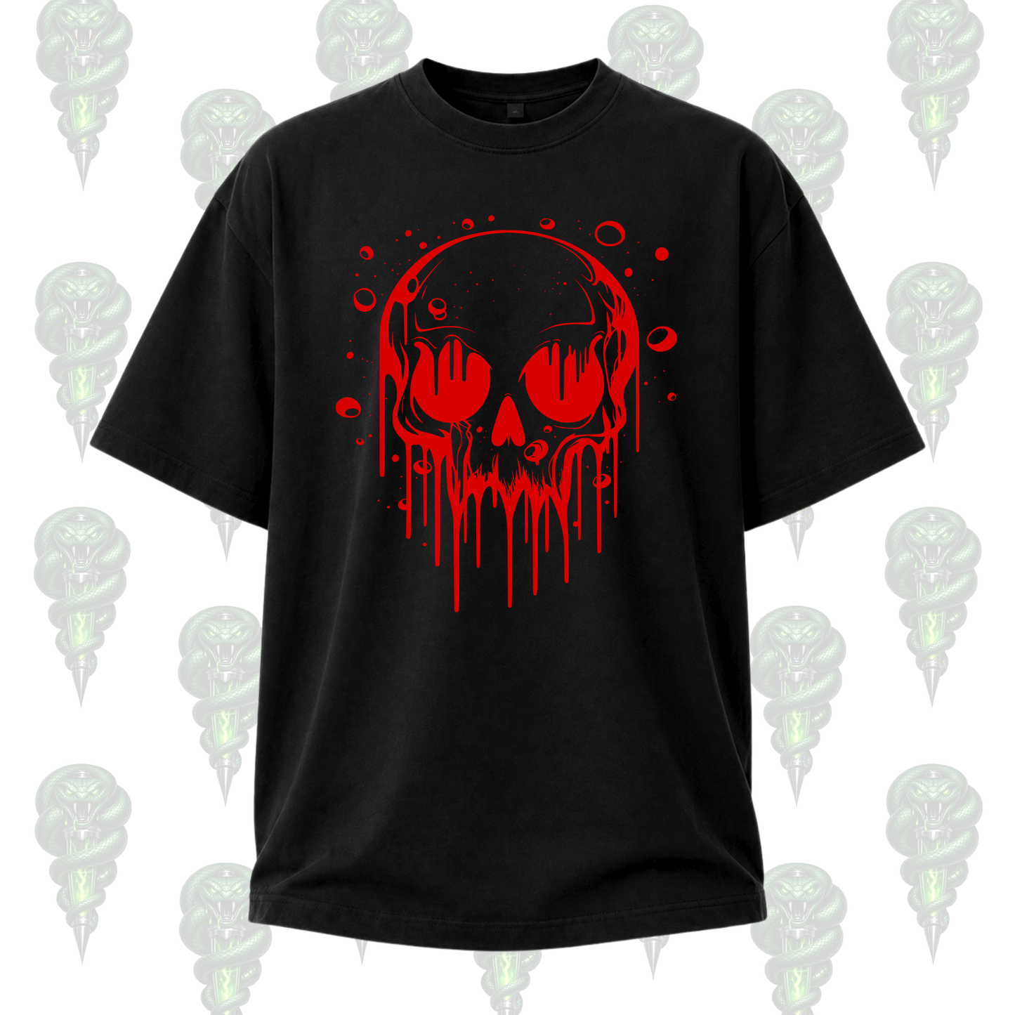 Black unisex t-shirt featuring a bold dripping skull graphic in multiple color options including red, white, turquoise, purple, neon green, and deep green, designed in a gothic alternative streetwear style.