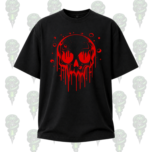 Black unisex t-shirt featuring a bold dripping skull graphic in multiple color options including red, white, turquoise, purple, neon green, and deep green, designed in a gothic alternative streetwear style.