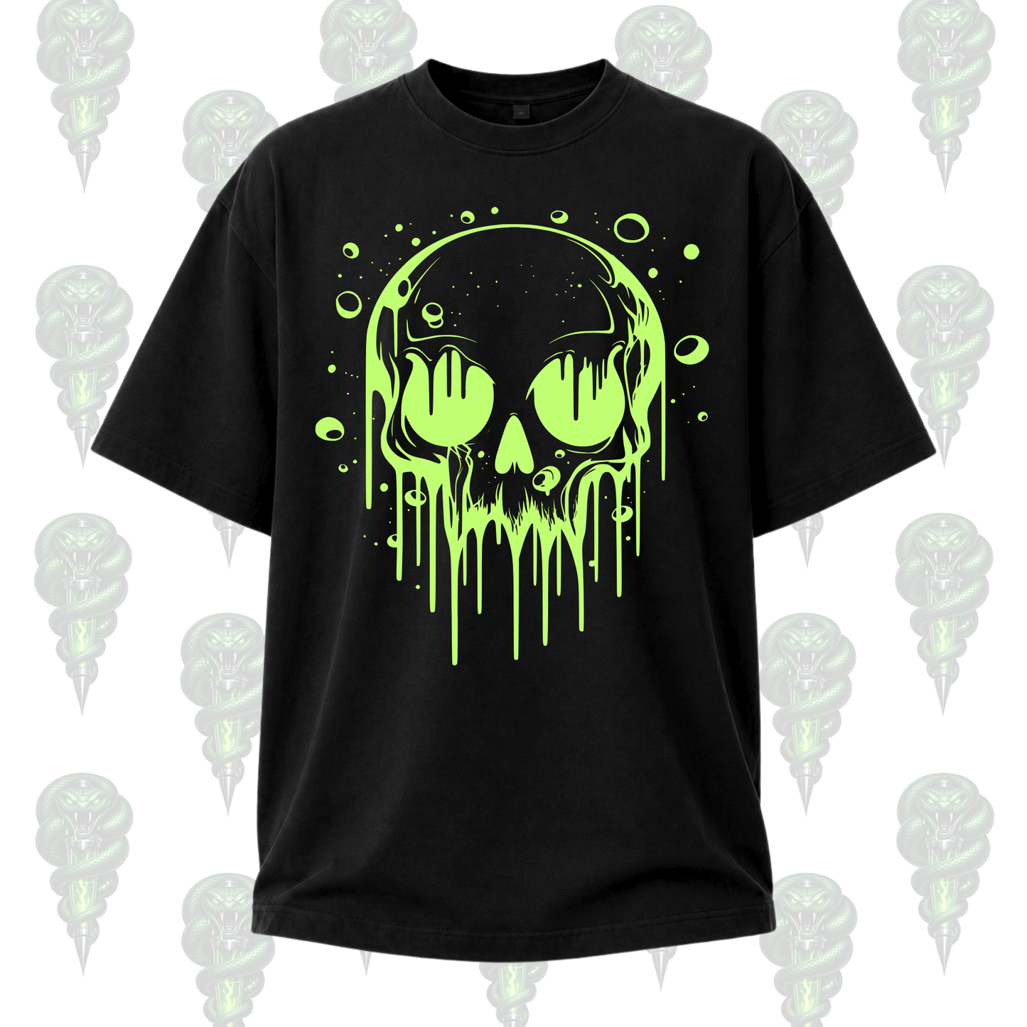 Black t-shirt with a green skull design on a white background