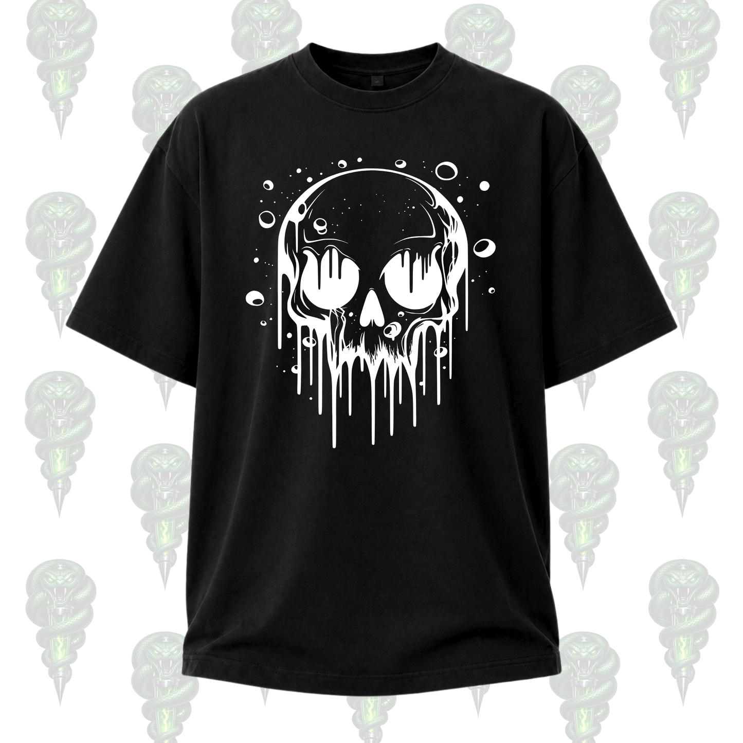 Black t-shirt with a white skull design on a white background