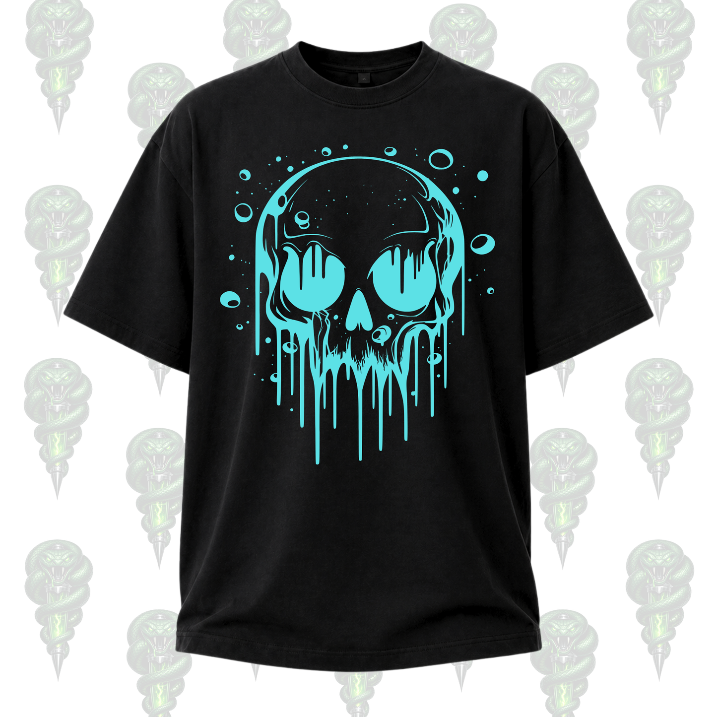 Black t-shirt with a blue skull design on a white background