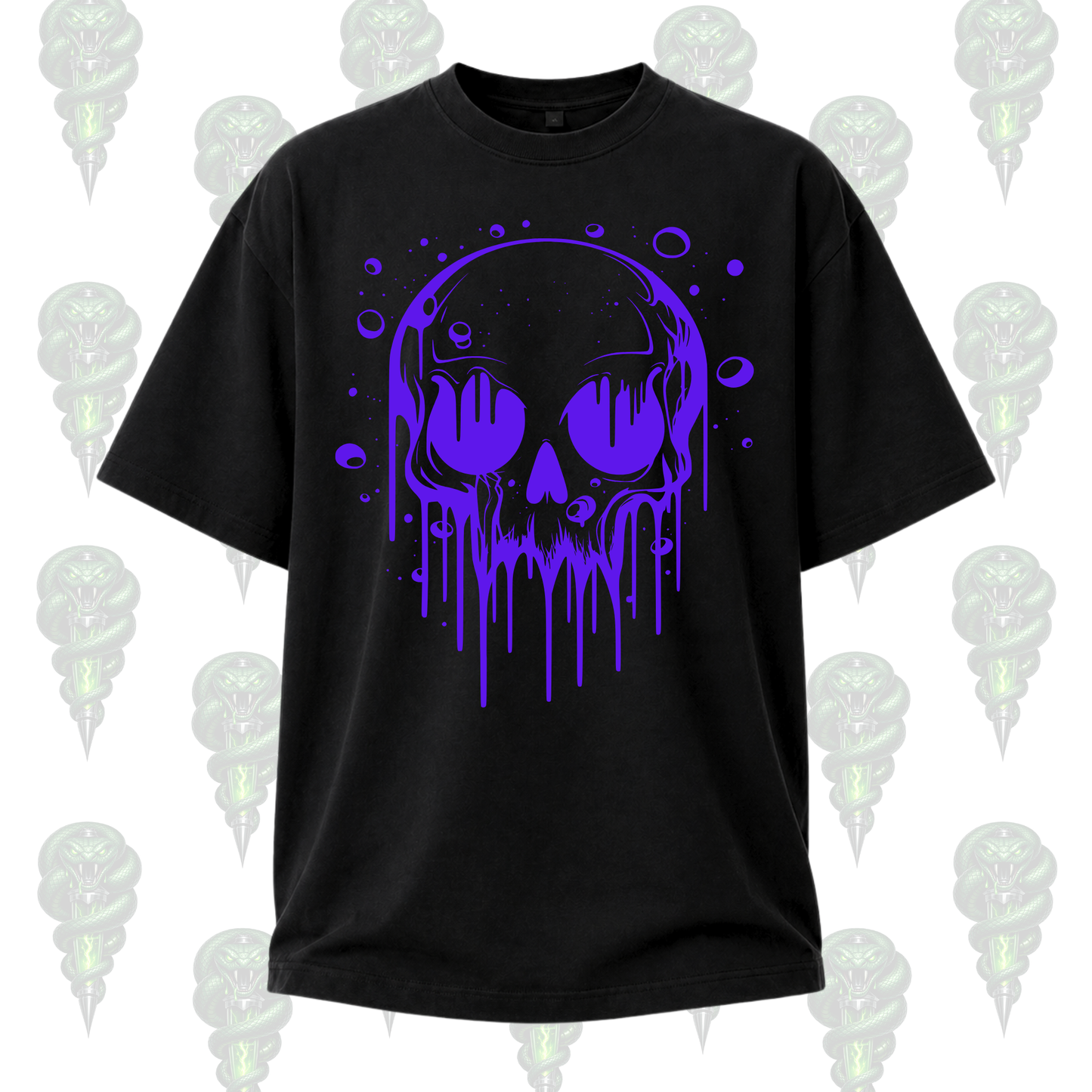 Black t-shirt with a purple skull design on a white background