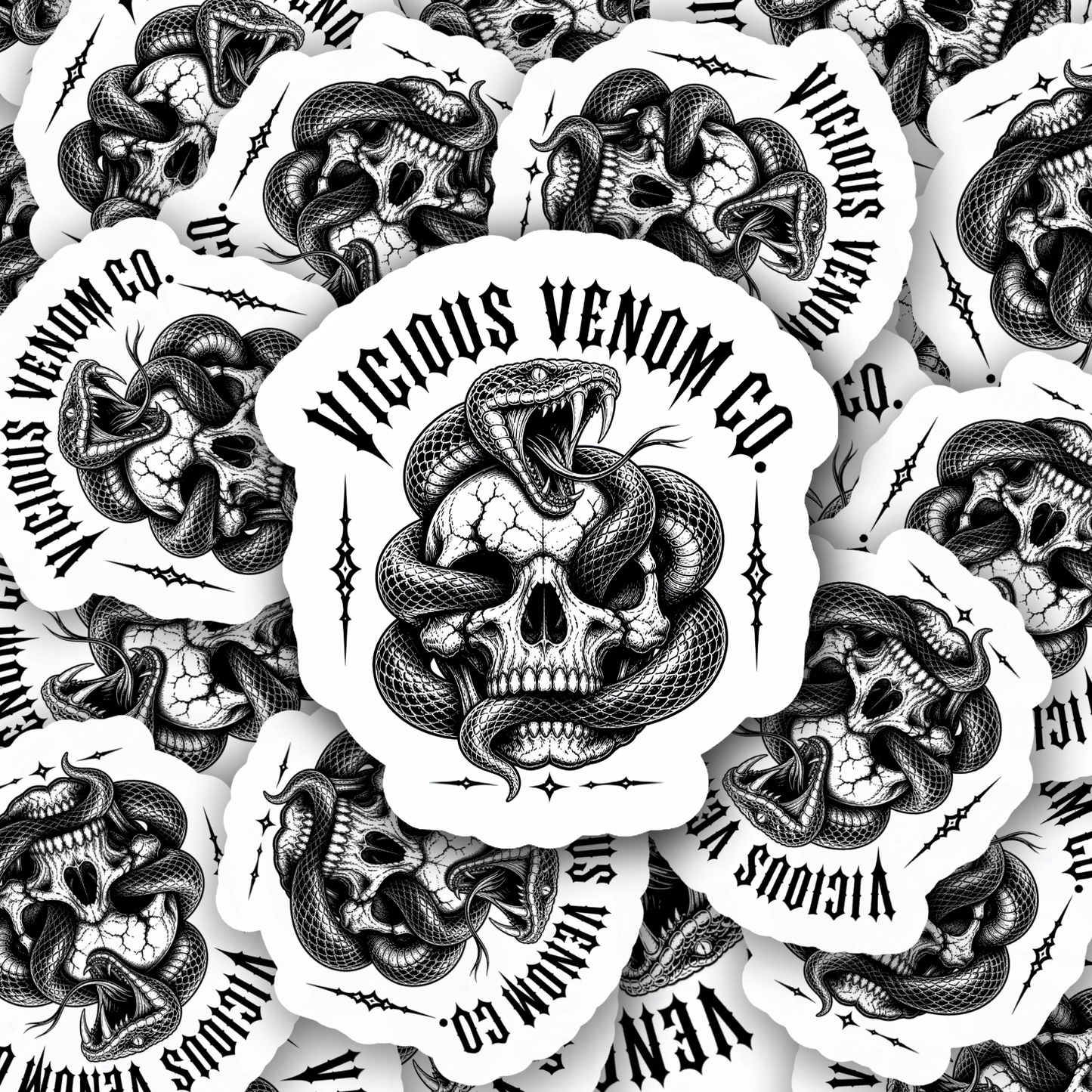 Black and white gothic Vicious Venom Co. vinyl sticker featuring a detailed skull wrapped with a venomous snake in tattoo-inspired dark streetwear style.