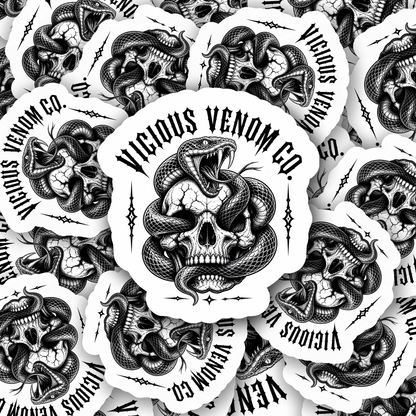 Black and white gothic Vicious Venom Co. vinyl sticker featuring a detailed skull wrapped with a venomous snake in tattoo-inspired dark streetwear style.
