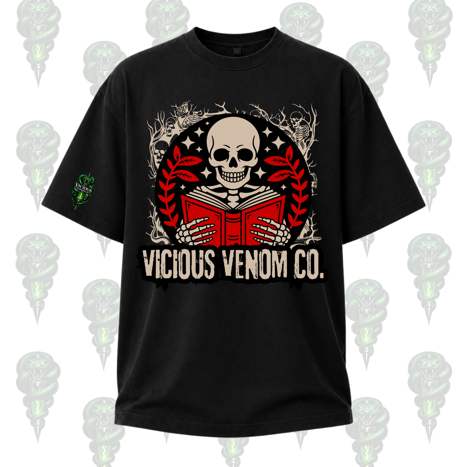 black gothic t-shirt with skeleton reading red book, dark academia aesthetic, vicious venom co skull reader graphic tee unisex