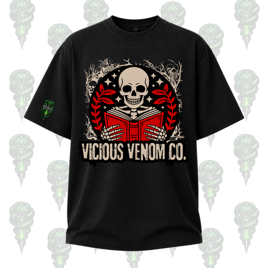 black gothic t-shirt with skeleton reading red book, dark academia aesthetic, vicious venom co skull reader graphic tee unisex