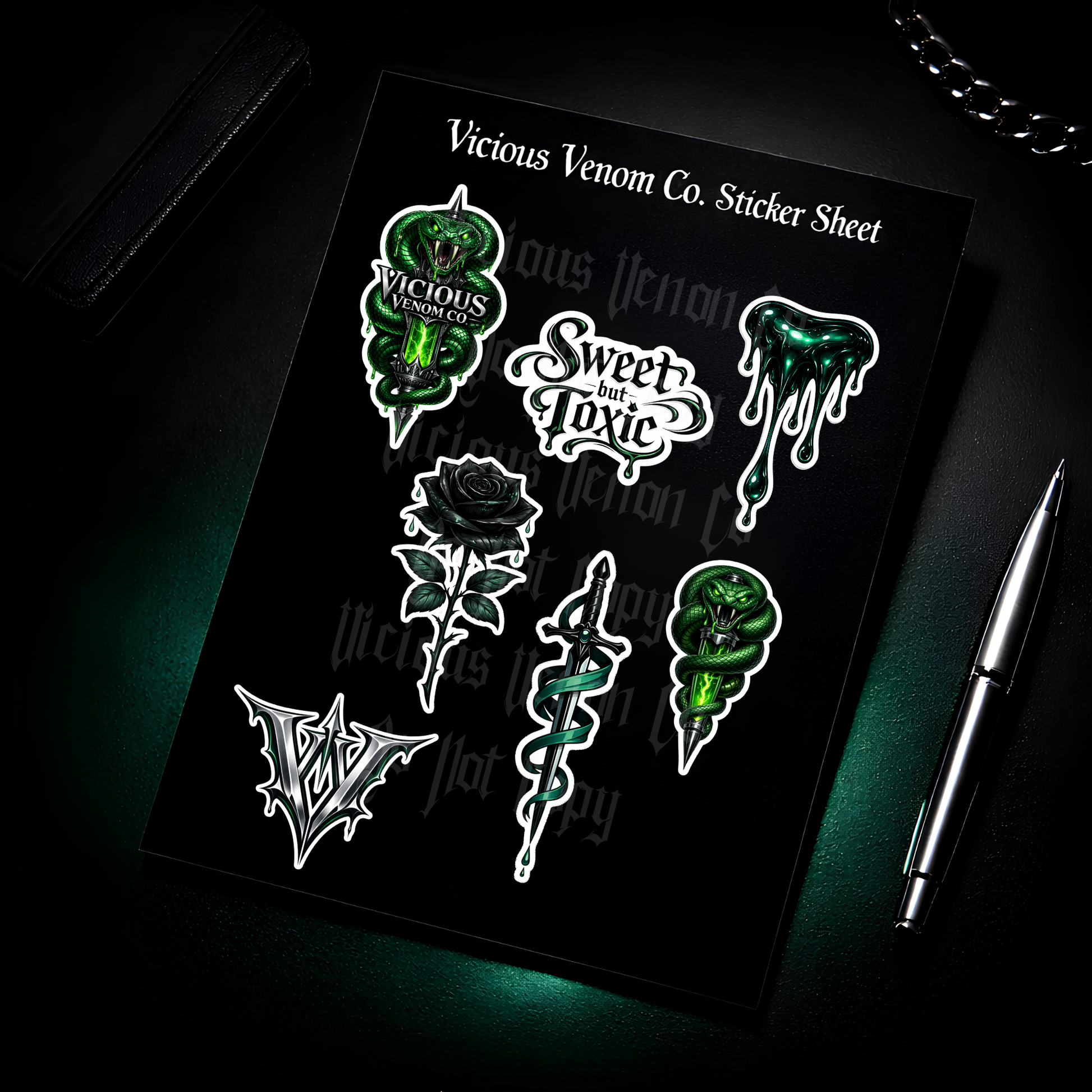 Gothic venom themed sticker sheet featuring green snake designs, black rose, dagger, and “sweet but toxic” lettering on white background