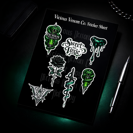 Gothic venom themed sticker sheet featuring green snake designs, black rose, dagger, and “sweet but toxic” lettering on white background
